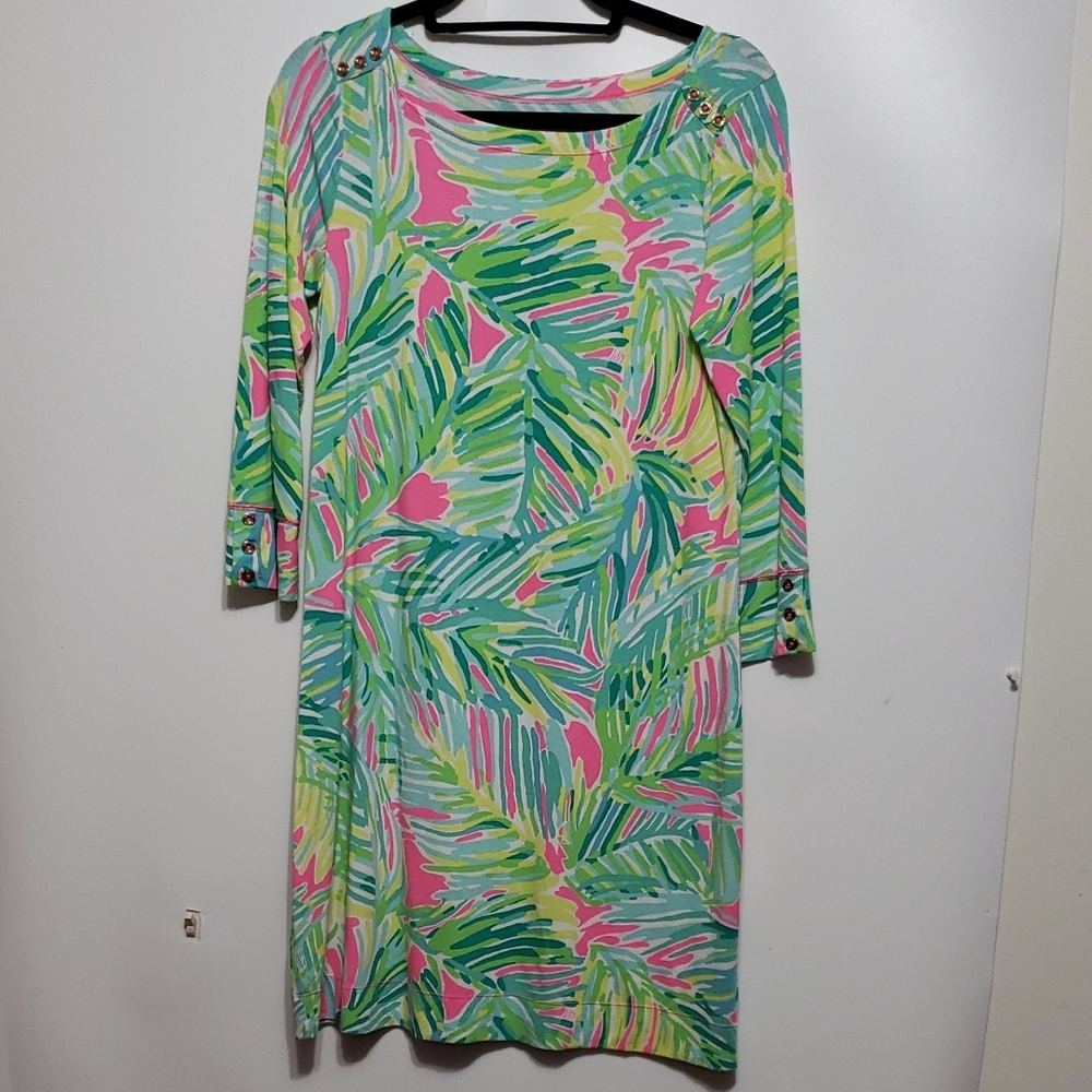 Lilly Pulitzer Colorful Palm Leaf Print Midi Dress pink and green